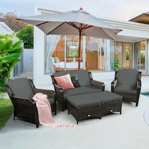 5-Piece Wicker Patio Conversation Set Patio Rattan Sofa Set with Gray Cushion and Ottoman