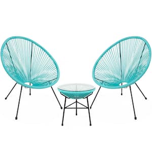 Blue 3-Pieces Outdoor Acapulco Woven Plastic Lounge Chair with 2 Chair and Glass Top Table