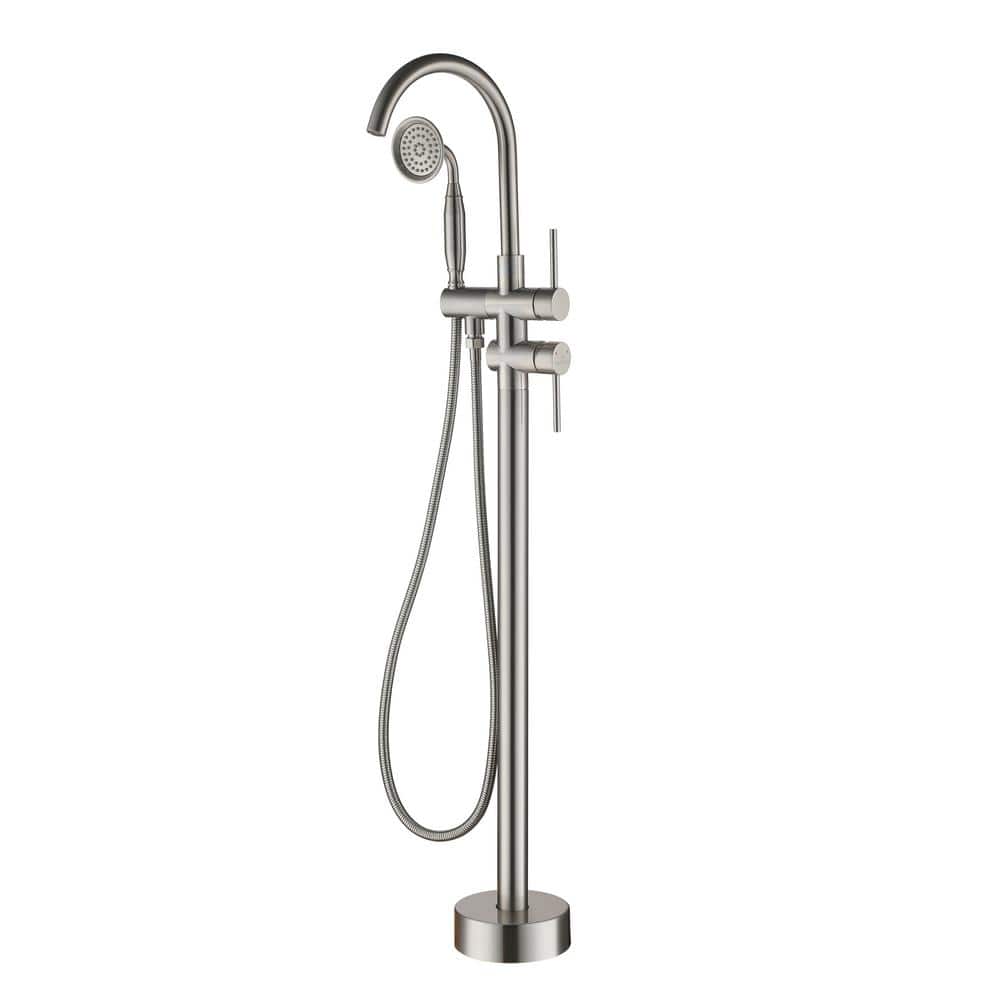6 GPM 2-Handle Floor Mount Freestanding Tub Faucet with Hand Shower and Bui
