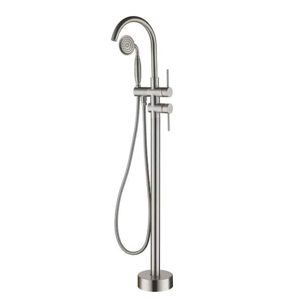 6 GPM 2-Handle Floor Mount Freestanding Tub Faucet with Hand Shower and Built-in Valve in Brushed Nickel