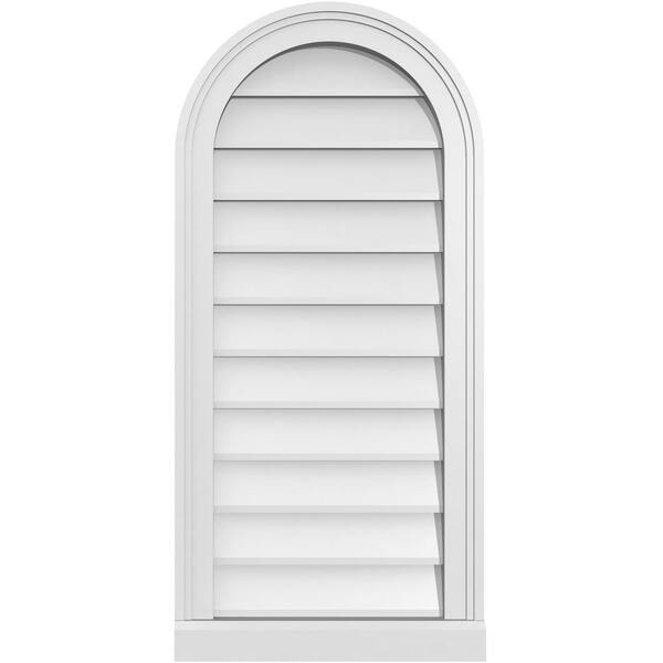 Ekena Millwork 16 in. x 34 in. Round Top Surface Mount PVC Gable Vent: Decorative with Brickmould Sill Frame