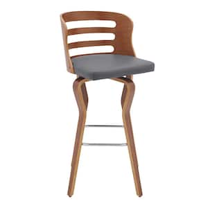 Verne 30 in. Gray Swivel Faux Leather and Walnut Wood Bar Stool