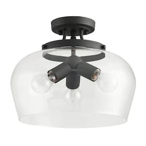13.8 in. 3-Light Black Modern Semi Flush Mount Ceiling Light for Kitchen with Clear Glass Shade and No Bulbs Included