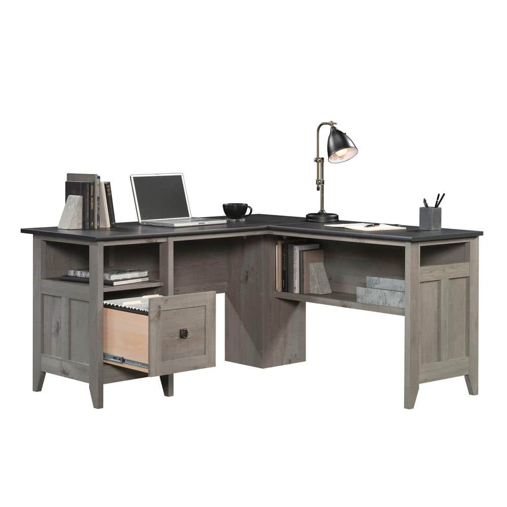 Mystic Oak L-Shaped Home Office Desk with Filing Cabinet