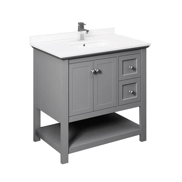 Fresca Manchester 36 in. W Bathroom Vanity in Gray with Quartz Stone Vanity Top in White with White Basin