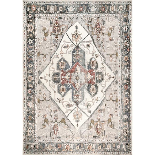 nuLOOM Mali Machine Washable Traditional Medallion Ivory 2 ft. 6 in. x 8 ft. Indoor Runner Rug