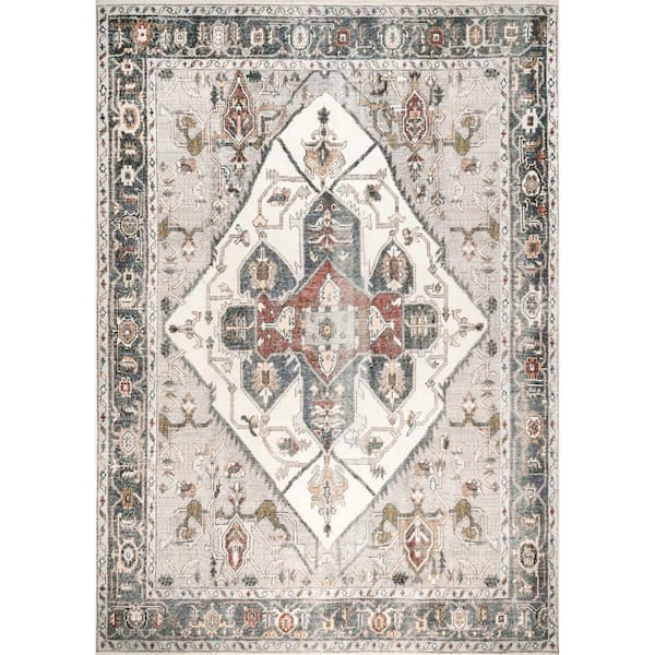 nuLOOM Mali Ivory 6 ft. x 9 ft. Machine Washable Traditional Medallion Indoor Area Rug
