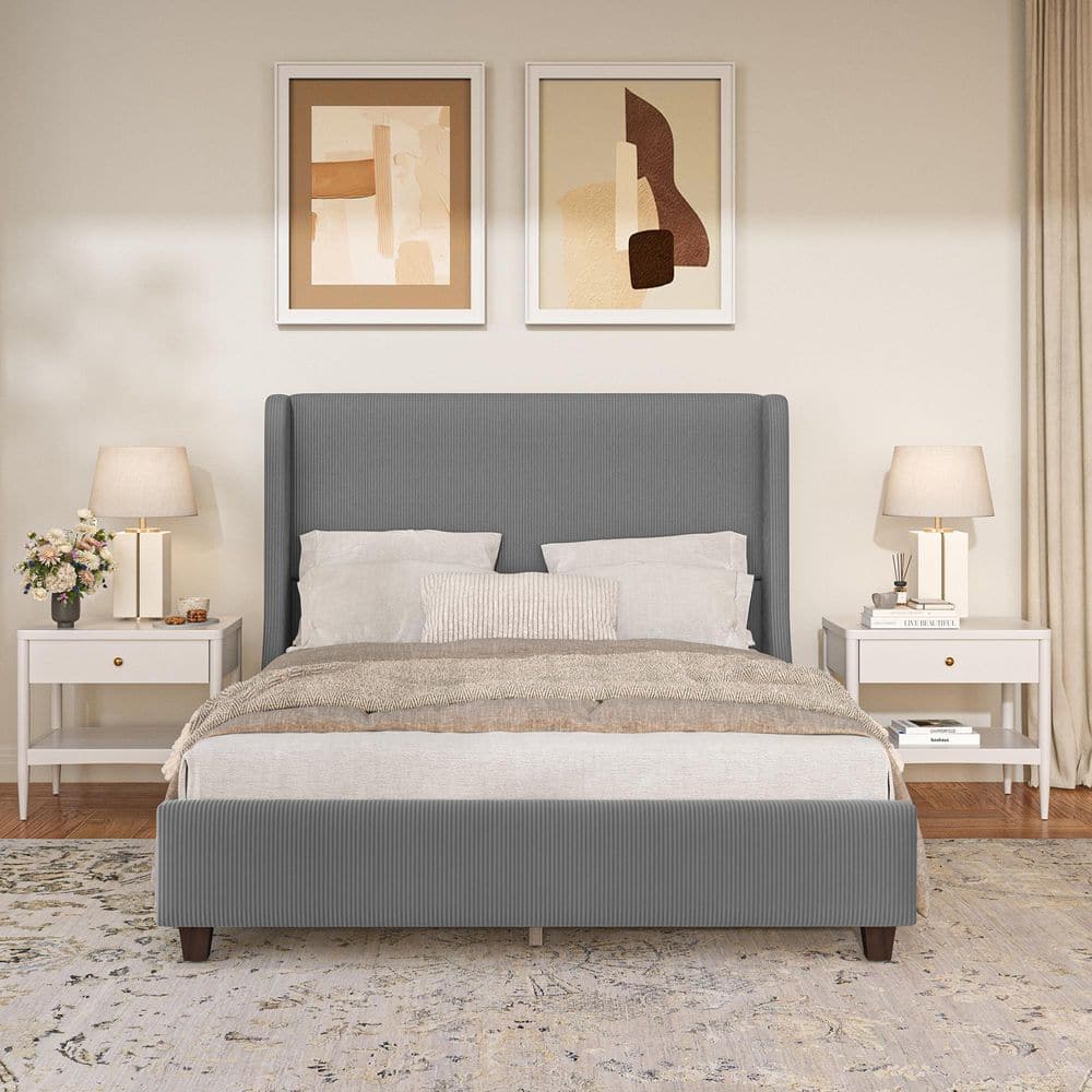 51 in. Tall Headboard Gray Solid Wood Frame Queen Size Platform Bed Corduroy Upholstered Bed Frame with Wood Legs