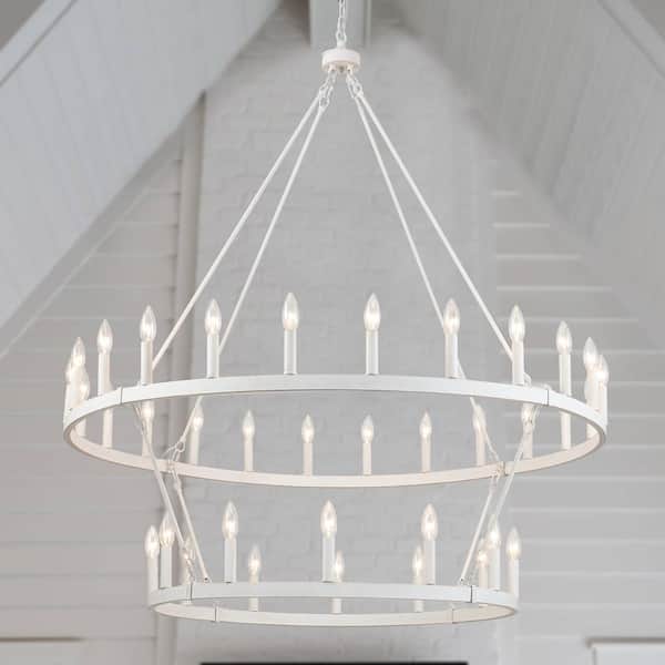 36-Light Farmhouse White Candle Design Wagon Wheel Chandelier 2-Tier Ceiling Light Fixture for Kitchen Island