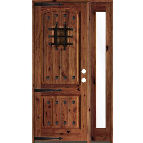 Krosswood Doors 56 in. x 96 in. Medit. Knotty Alder Left-Hand/Inswing Clear Glass Red Chestnut Stain Wood Prehung Front Door w/RFSL