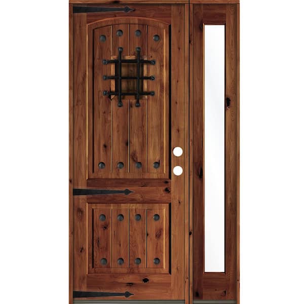 Krosswood Doors 62 in. x 96 in. Medit. Knotty Alder Left-Hand/Inswing Clear Glass Red Chestnut Stain Wood Prehung Front Door w/RFSL