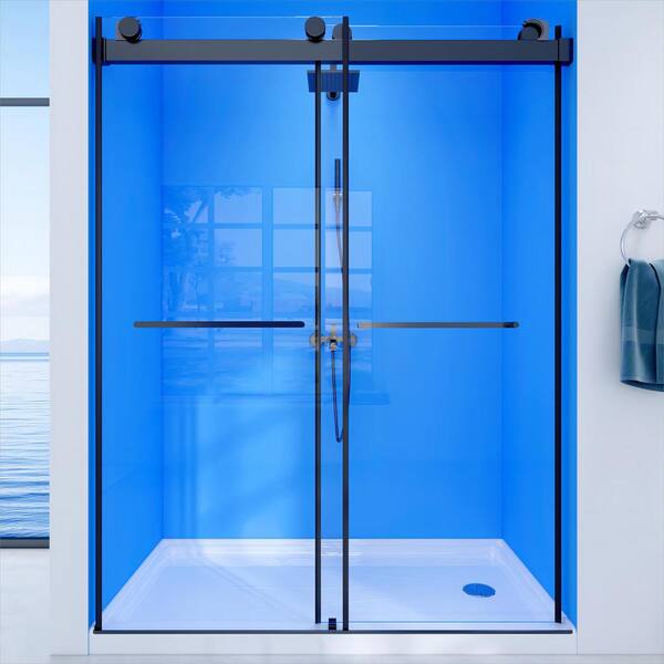 waterpar 58 in. to 60 in. W x 76 in. H Sliding Frameless Shower Door in Matte Black with Clear