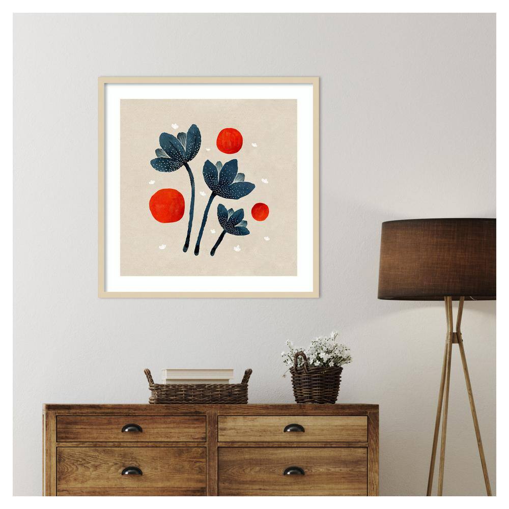 Blue Flowers II Abstract Framed Print with Natural Wood Frame
