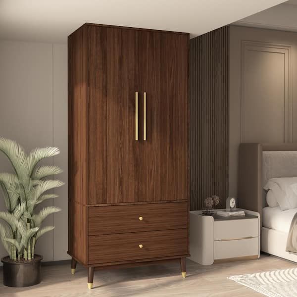 FUFU&GAGA Brown Armoire with 2-Drawers, Hanging Rod and Gold Metal Handles (71.1 in. H x 19.1 in. W x 31.5 in. D)