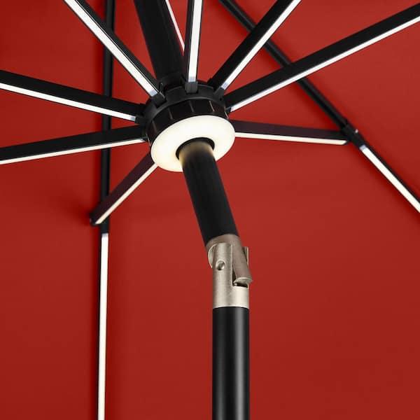 Hampton Bay 9 ft. Aluminum Market LED Solar Auto-Tilt Patio Umbrella in Chili Red Hampton Bay 9 ft. Aluminum Market LED Solar Auto-Tilt Patio Umbrella in Chili Red