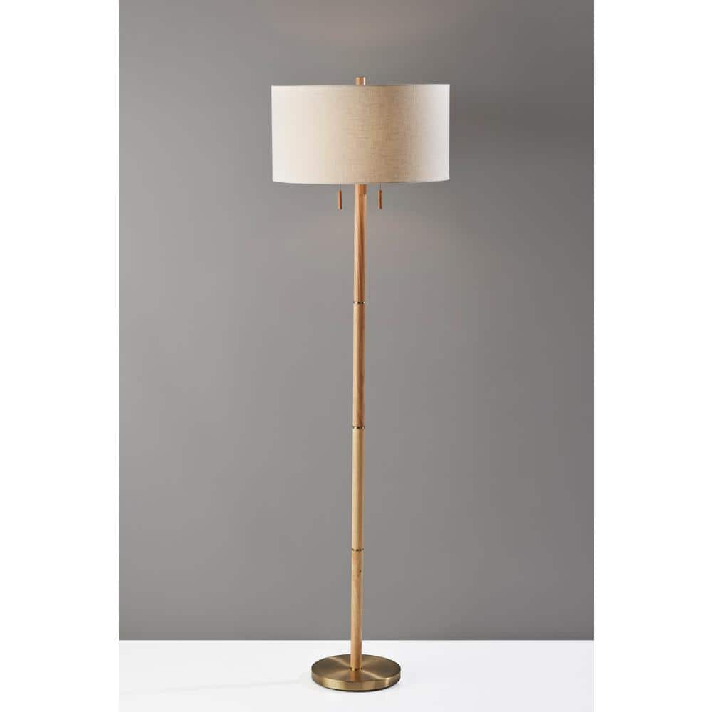 Streamlined Natural Rubberwood Floor Lamp with Antique Brass Accents