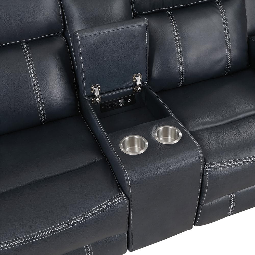 Blue Faux Leather Reclining Loveseat with Cup Holders