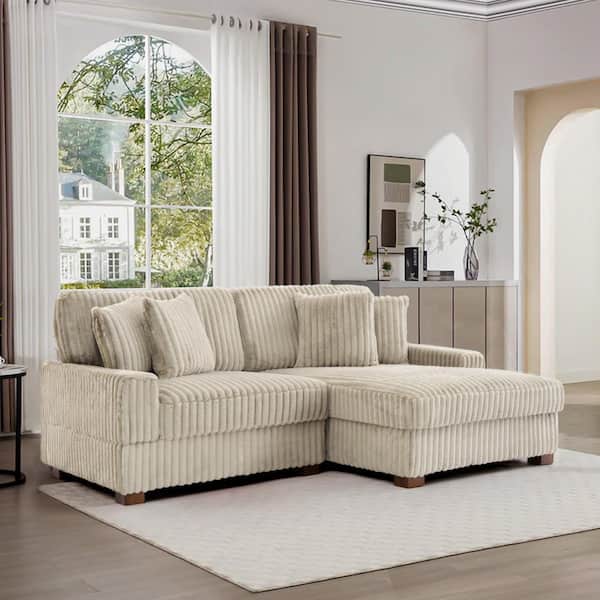 82 in. W Square Arm 2-Piece Faux Rabbit Fur Polyester L-Shaped Modern Sectional Sofa in White with 4-Pillows