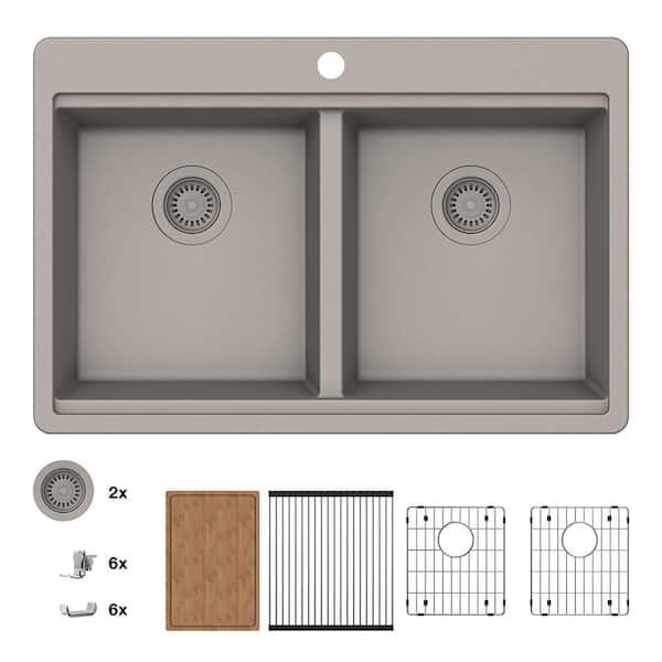Glacier Bay Stonehaven 33 in. Drop-In 50/50 Double Bowl Taupe Ice Granite Composite Workstation Kitchen Sink with Taupe Strainer