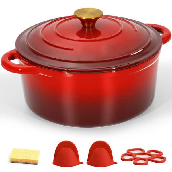 5.5 qt. Enameled Cast Iron Nonstick Dutch Oven Stock Pot in Red with Lid and Dual Handles, 1 Piece
