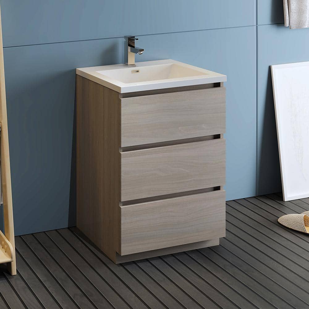 Gray Wood 24" Freestanding Bathroom Vanity with White Acrylic Top