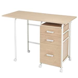 41.5 in. W Oak Folding Computer Laptop Desk Wheeled Home Office Furniture with 3-Drawers