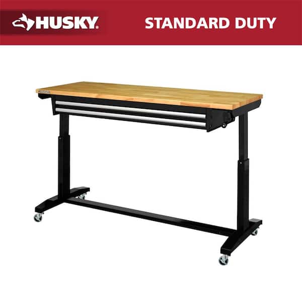 62 in. W x 24 in. D 2-Drawer Adjustable Height Black Workbench Table with Solid Wood Top