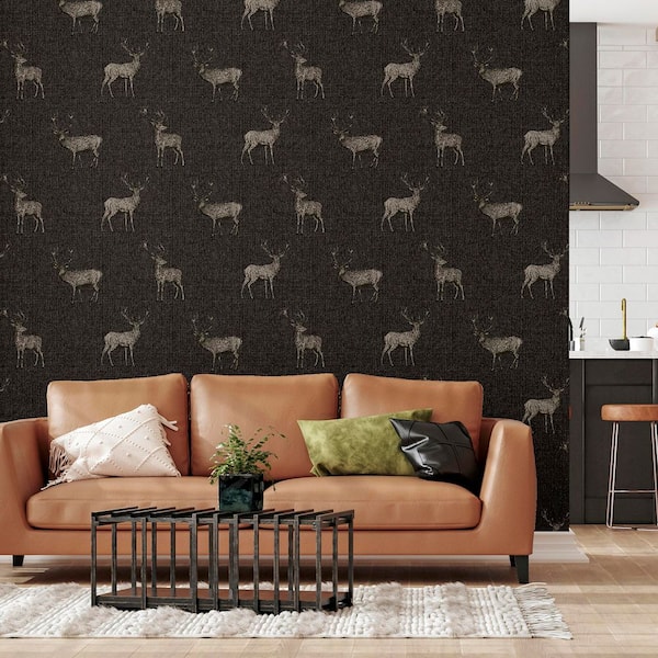 Hank Charcoal Black Stag Wallpaper Sample
