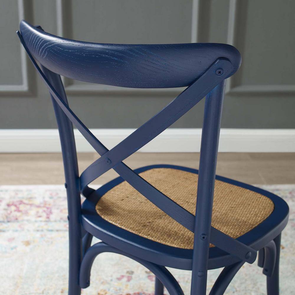 Midnight Blue Rustic Farmhouse Elm Wood Side Chair with Rattan Seat