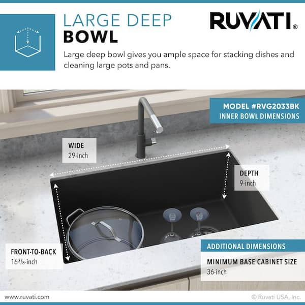 Ruvati - EpiGranite 32 in. Undermount Single Bowl Kitchen Sink in Midnight Black Granite Quartz Composite with Offset Drain