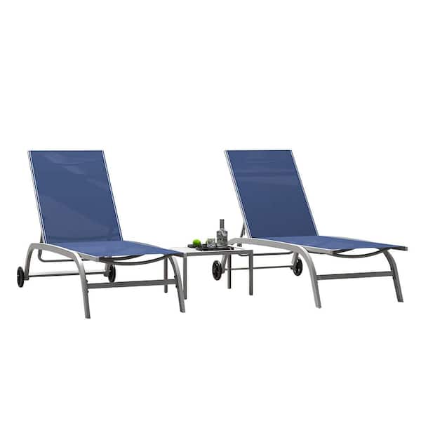 Flynama Adjustable Aluminum Outdoor Lounge Chair with 1-Pack Table with Wheels for Beach Yard Balcony Turquoise Blue (Set of 2)