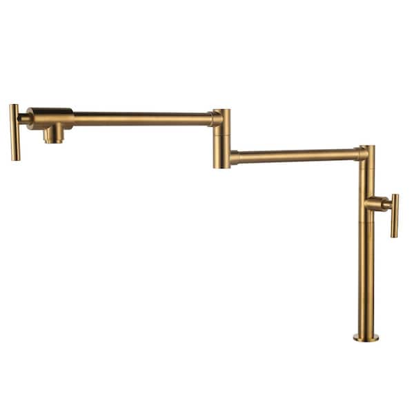 WOWOW Solid Brass Deck Mount Pot Filler Faucet, Pot Filler with Stretchable Double Joint Swing Arm in Gold