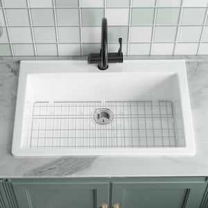 33 in. Drop In Kitchen Sink White 1-Faucet Hole Fireclay Kitchen Sink Large Top Mount Kitchen Sink Single Bowl with Grid