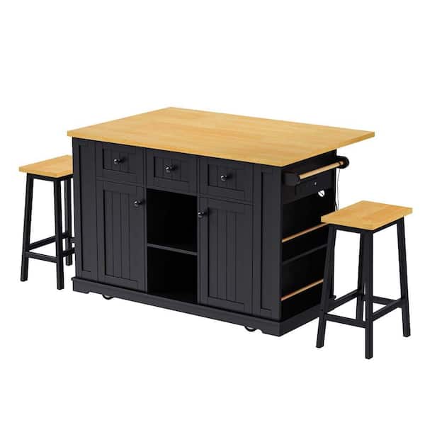 Unbranded Black Wood 53 in. Large Kitchen Island with 2 Bar Stools, Drop Leaf, Power Outlet,  5-Wheels, 3-Drawers