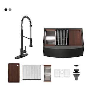 Stainless Steel Sink 33 in. Single Bowl Farmhouse Apron Workstation Kitchen Sink with Matte Black Faucet and Accessories