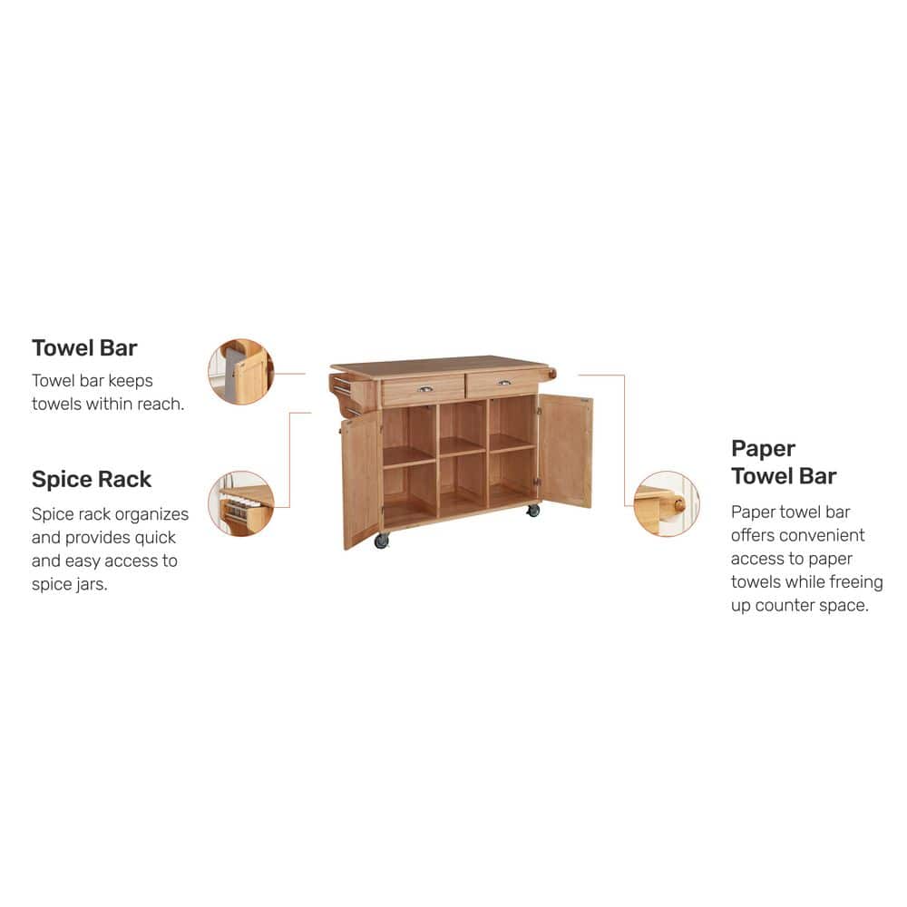 Natural Wood Kitchen Cart with Wine and Spice Rack
