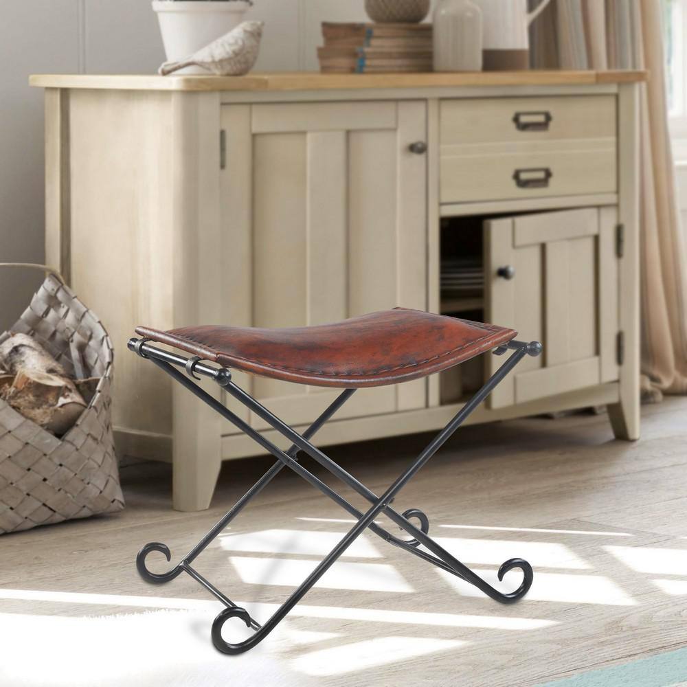Warm Brown Leather & Black Iron Foldable Accent Stool