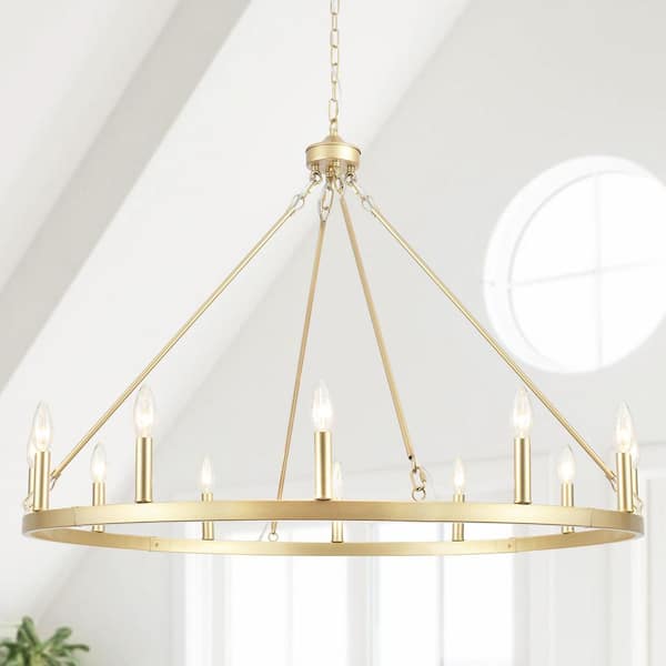 LWYTJO Moomal 12-Light Spray Gold Farmhouse Candle Dimmable Wagon Wheel Chandelier for Living Room Kitchen Island Dining Foyer