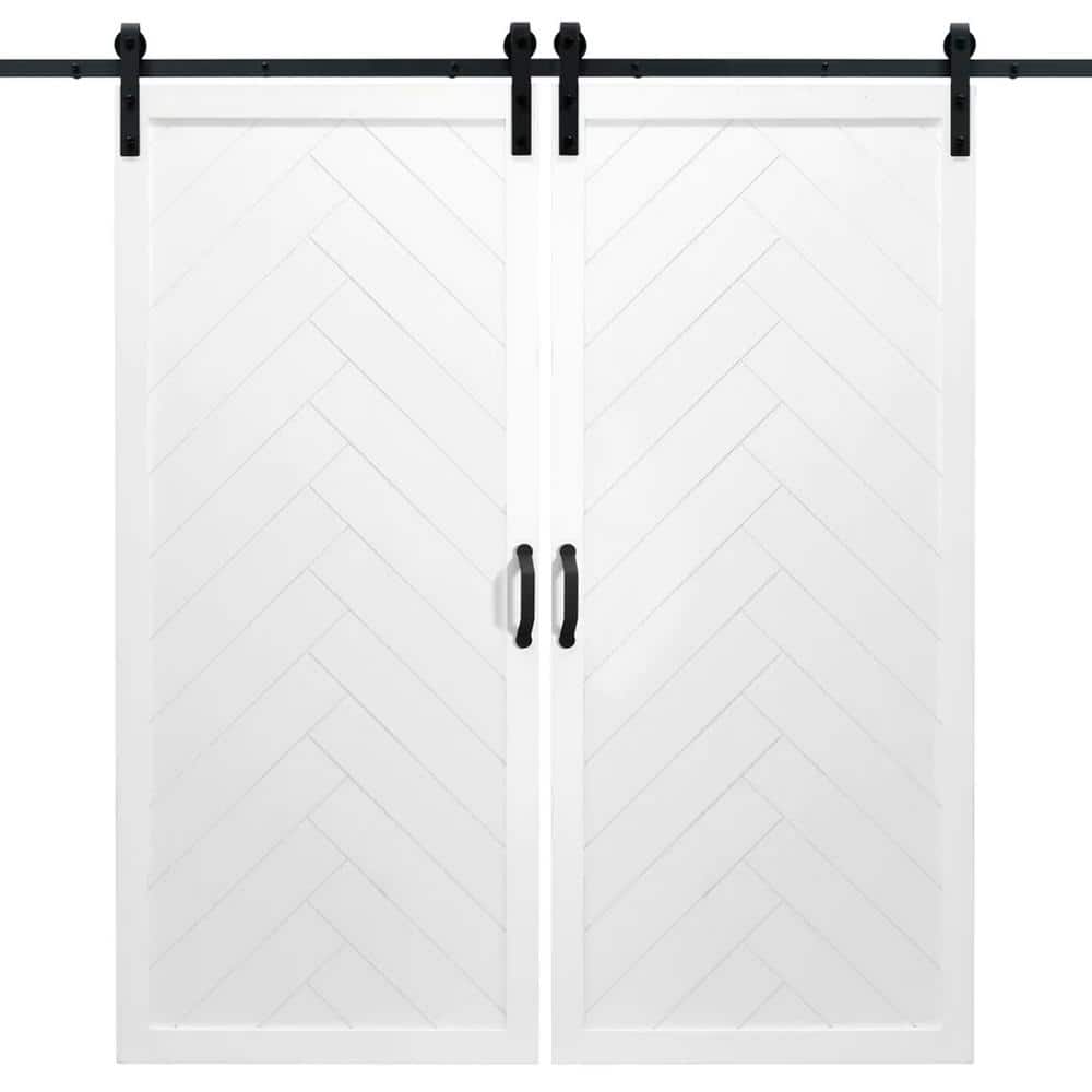 36 in. x 84 in. Herringbone White Solid Wood Double Sliding Barn Door Kit