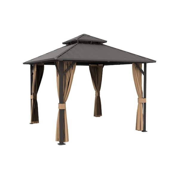 10 ft. x 10 ft. Aluminum Hardtop Gazebo with Double Galvanized Steel Roof, Netting and Curtains for Patio and Backyard
