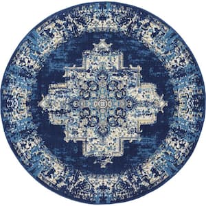 Grafix Navy Blue 5 ft. x 5 ft. Persian Medallion Transitional Round Rug