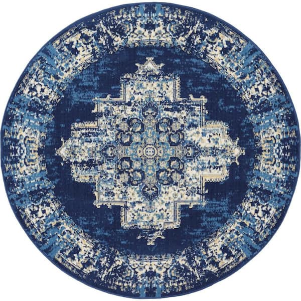 Grafix Navy Blue 5 ft. x 5 ft. Persian Medallion Transitional Round Rug