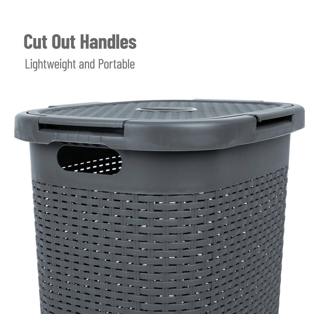 Gray Rectangle Wicker Style Plastic Laundry Hamper Set with Lid