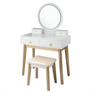 4-Drawer White and Gold Dressing Vanity Set with 3-color Round Lighting Mirror and Cushioned Color
