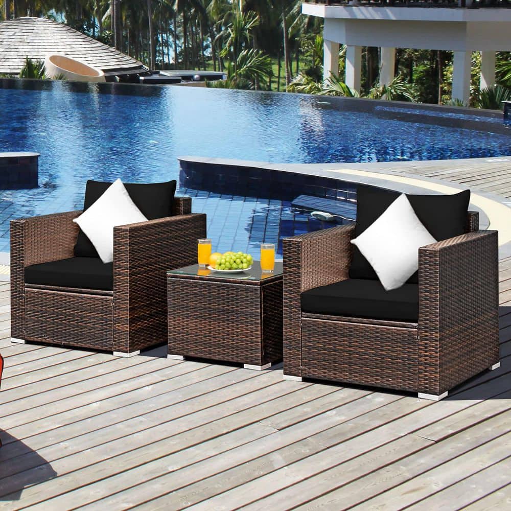 Black 3-Piece Rattan Patio Conversation Set with Cushions
