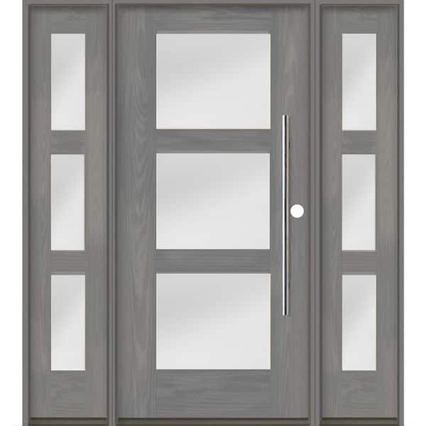Krosswood Doors Faux Pivot 64 in. x 80 in. 3-Lite Left-Hand/Inswing Satin Glass Malibu Grey Stain Fiberglass Prehung Front Door w/DSL