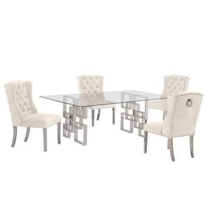 Dominga 5-Piece Glass Top with Stainless Steel and Set with 4 Cream Velvet Chairs.