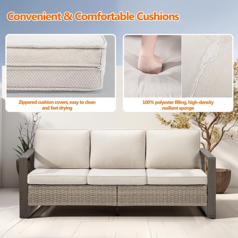 Beige 3-Seat Patio Wicker Sofa with Removable Cushions