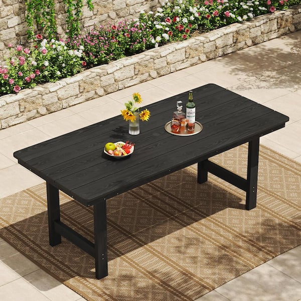 Outdoor Dining Table for 4-6 Person, HDPE Rectangular Patio Table with Umbrella Hole, Weather Resistant Table for Lawn