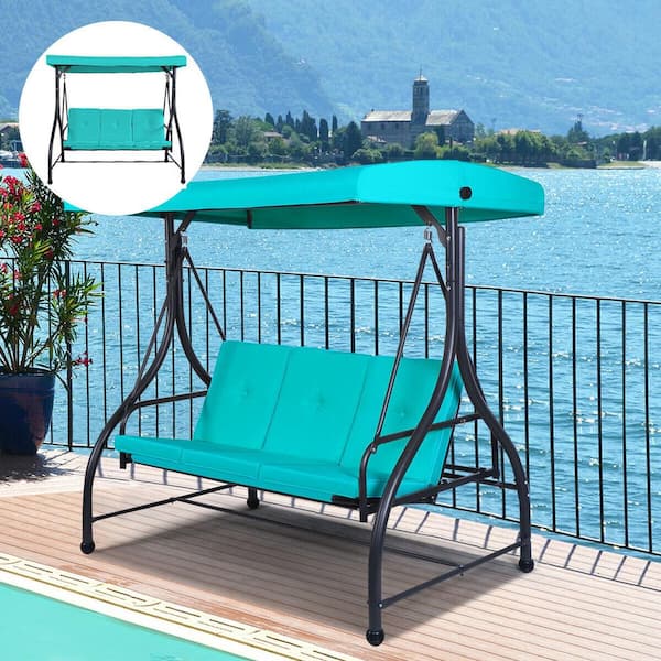 FORCLOVER 3 Seats Metal Patio Swing Hammock with Turquoise Cushions and Adjustable Tilt Canopy
